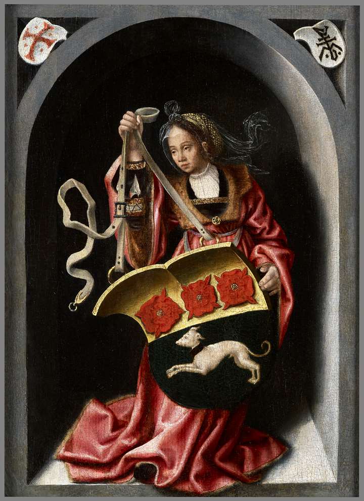 A Lady Holding a Heraldic Shield within a Painted Niche